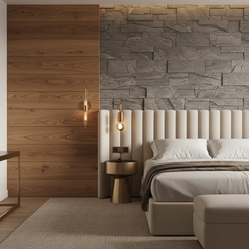 luxury hotel room materials wood stone fabric lighting