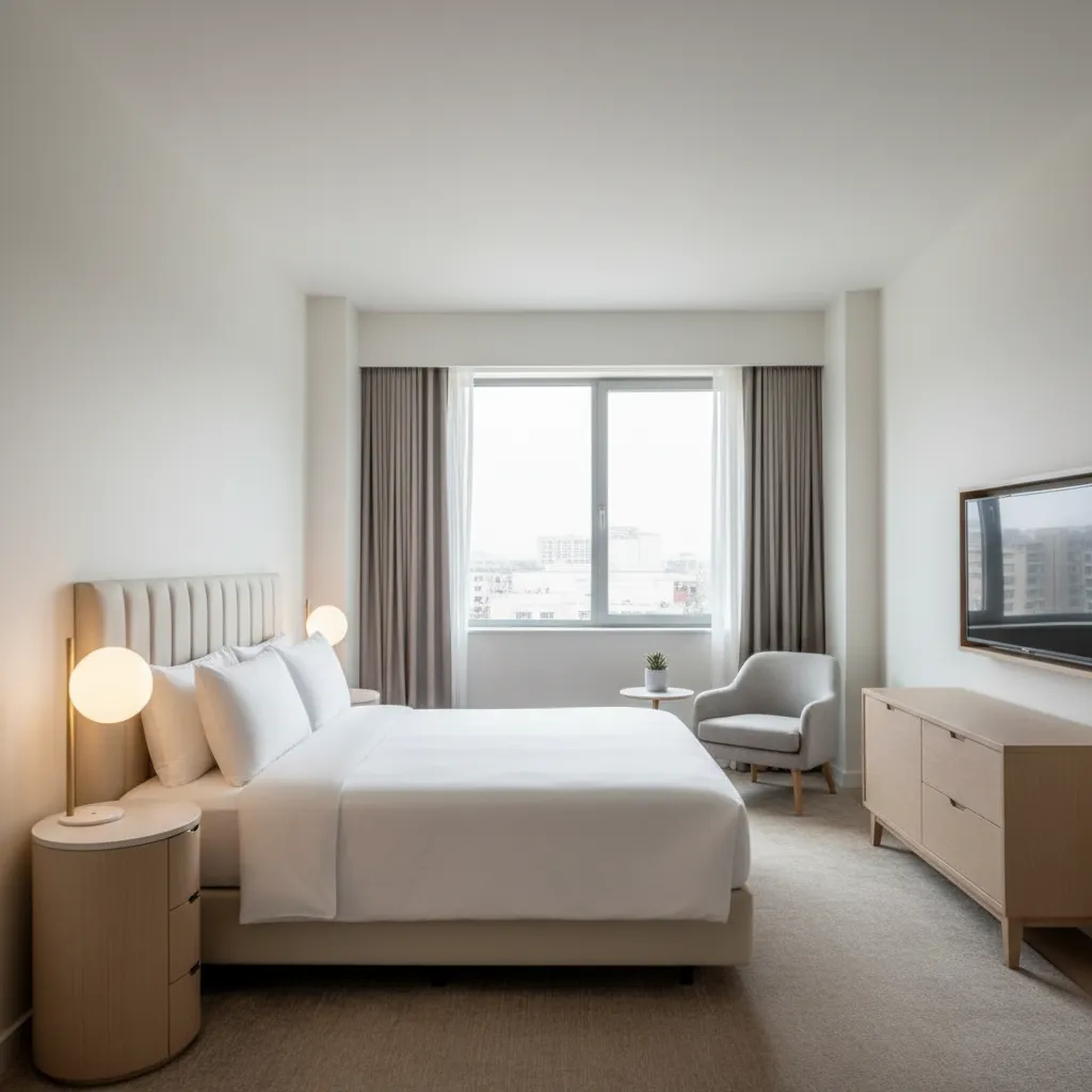 simple modern hotel room interior with neutral palette and comfortable bed