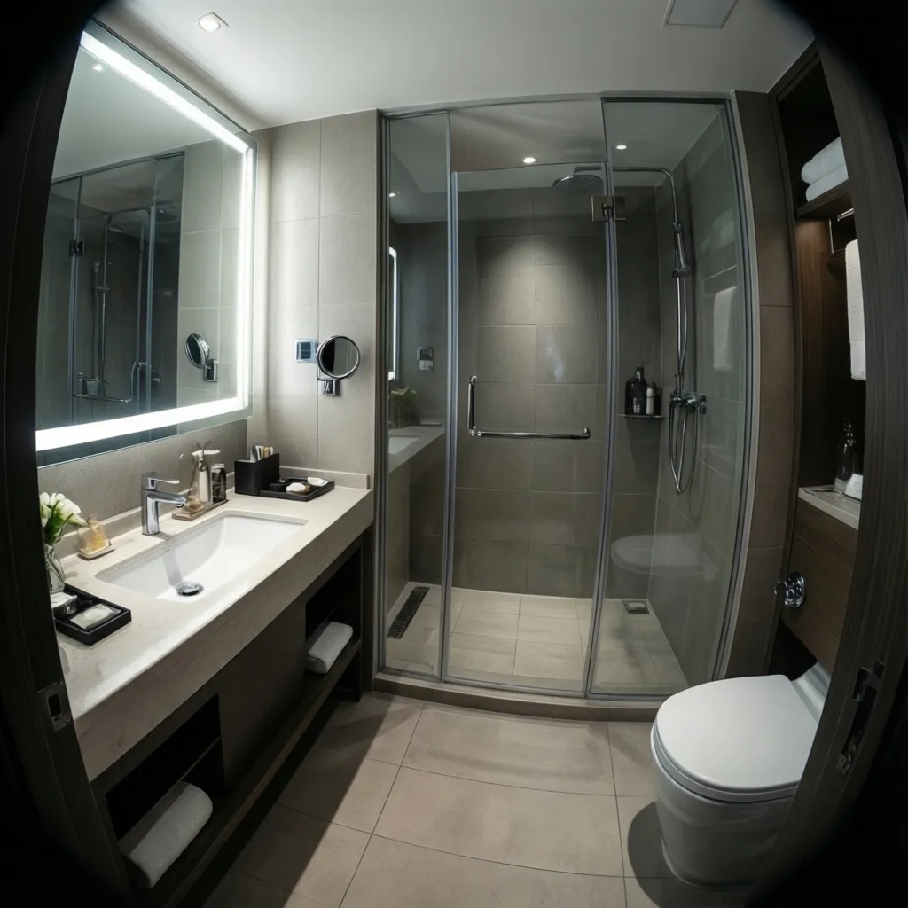 Modern hotel bathroom with linear layout and glass shower partition