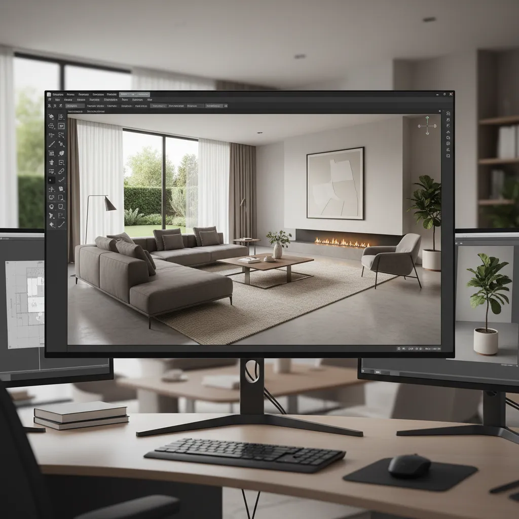 Visualización 3D de diseño interior de casa moderna