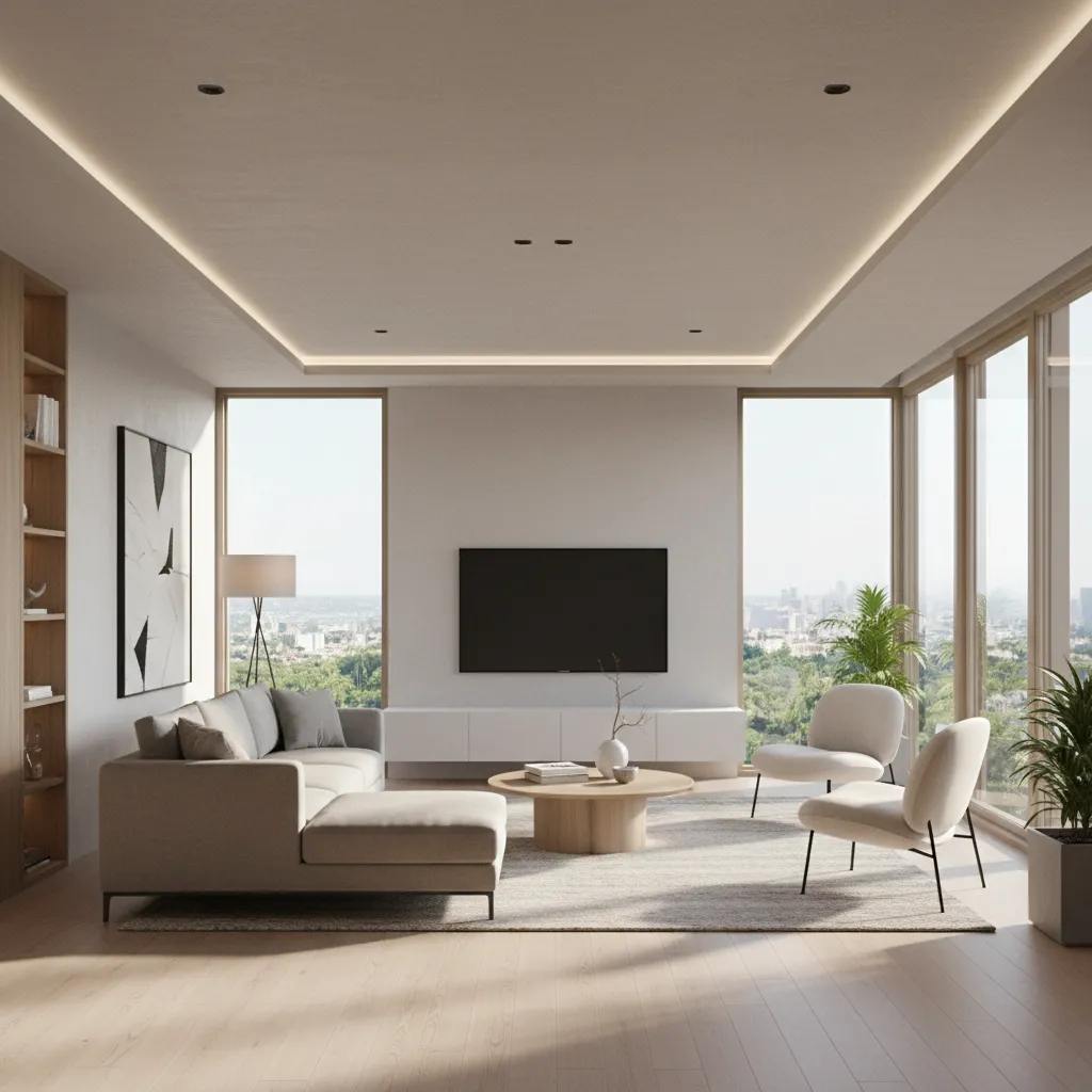 interior de casa moderna visualizado en 3D con salón abierto y grandes ventanales