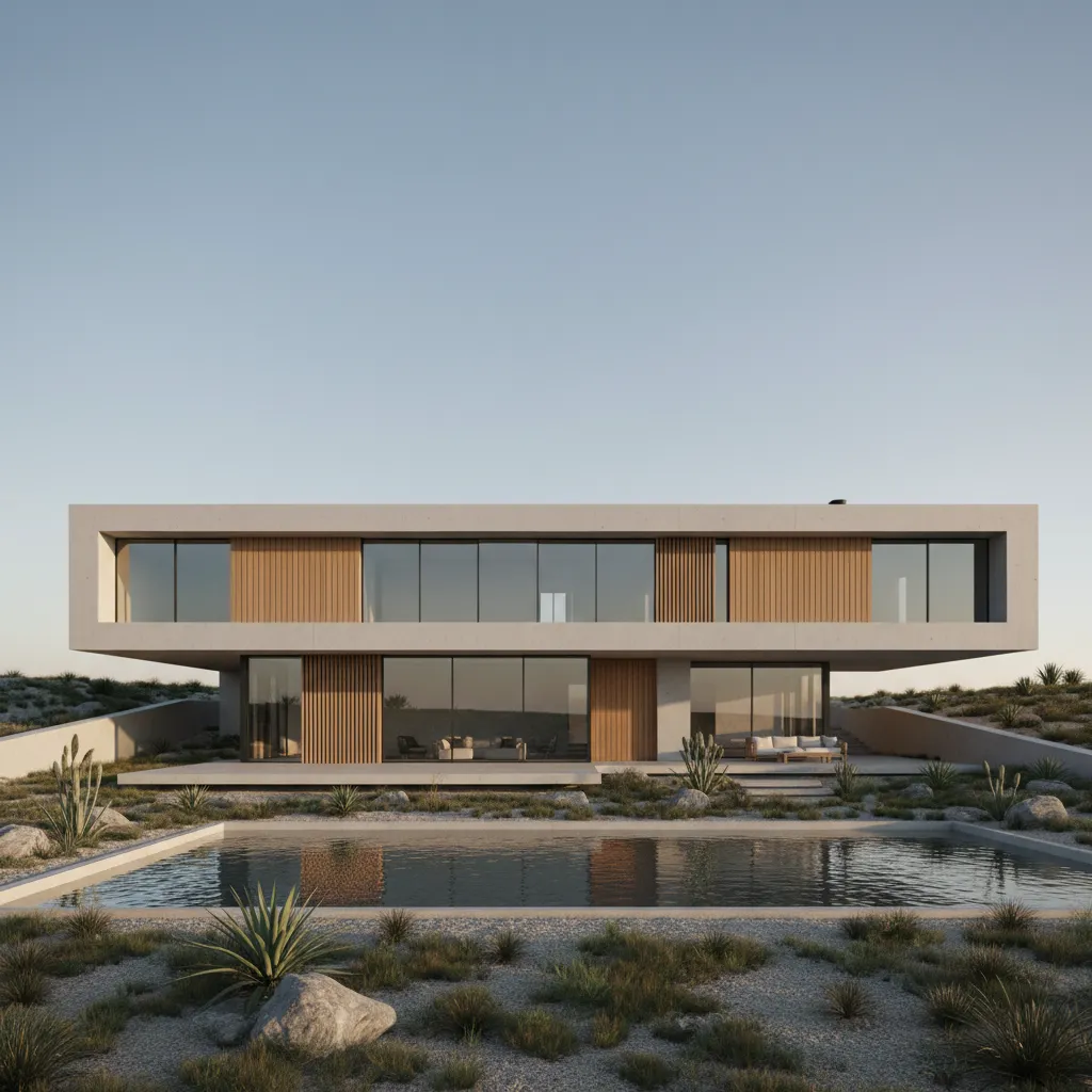 Modern house with flat roof wood panels glass windows swimming pool and desert landscape plants