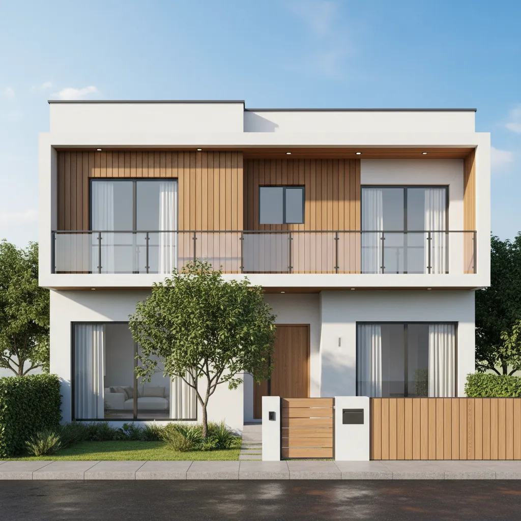 Modern two story house with white and wood walls glass balcony fence and green tree