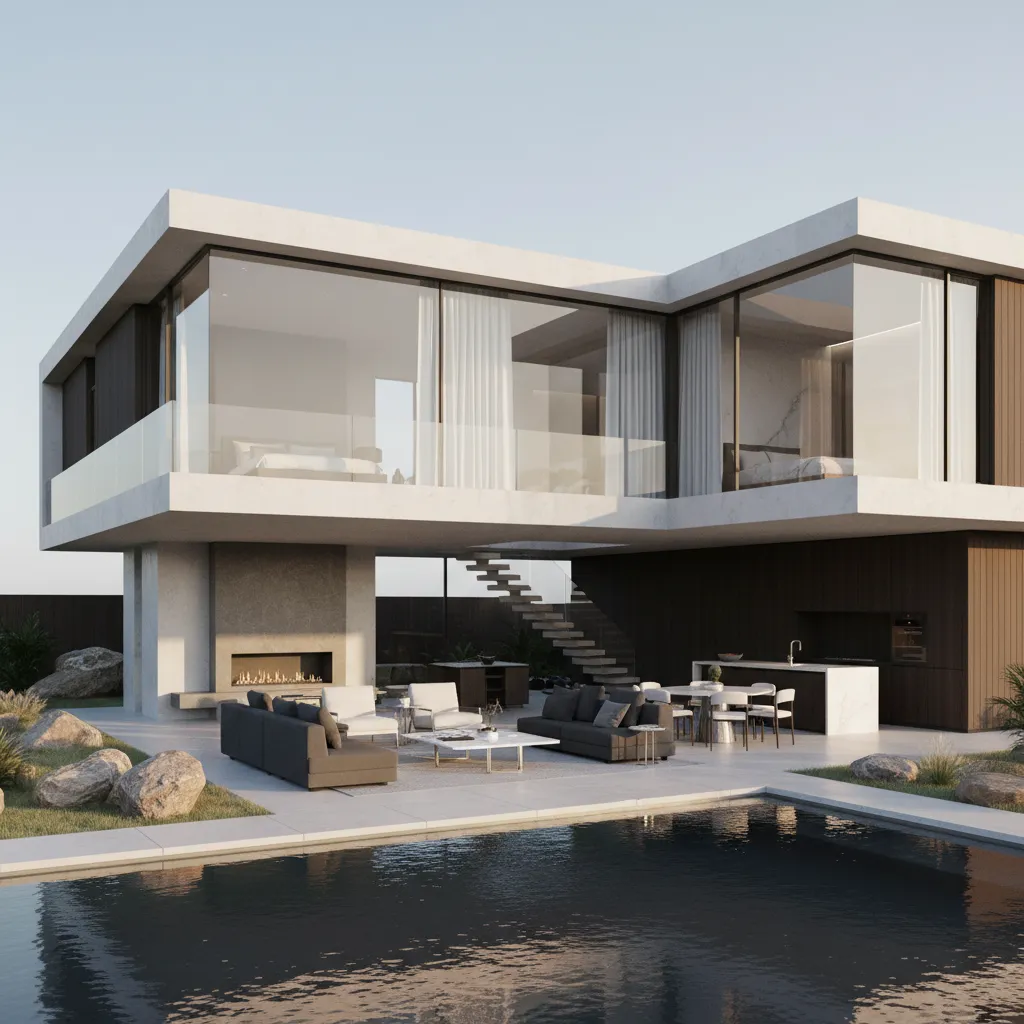 Render 3D realista de una casa moderna con interiores visibles
