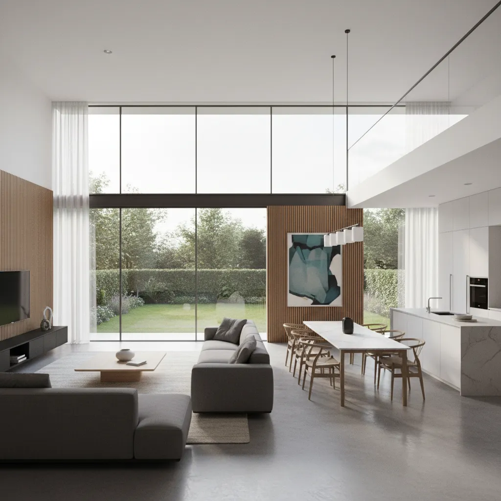Render 3D realista de interior de casa moderna basada en plano arquitectónico