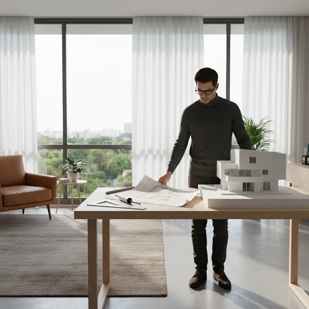 Kỹ sư thiết kế nhà đang xem bản vẽ và mô hình nhà
