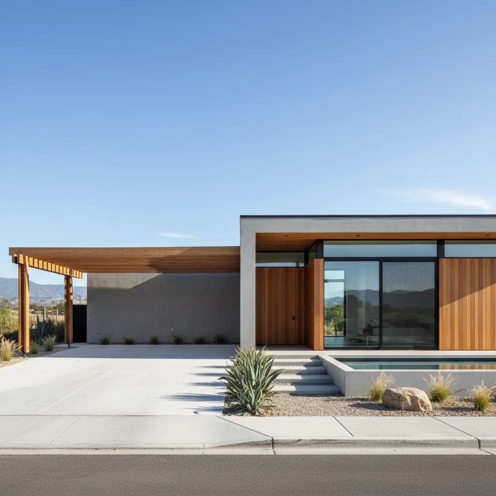 Casa moderna de una planta con pérgola para coche junto a la entrada