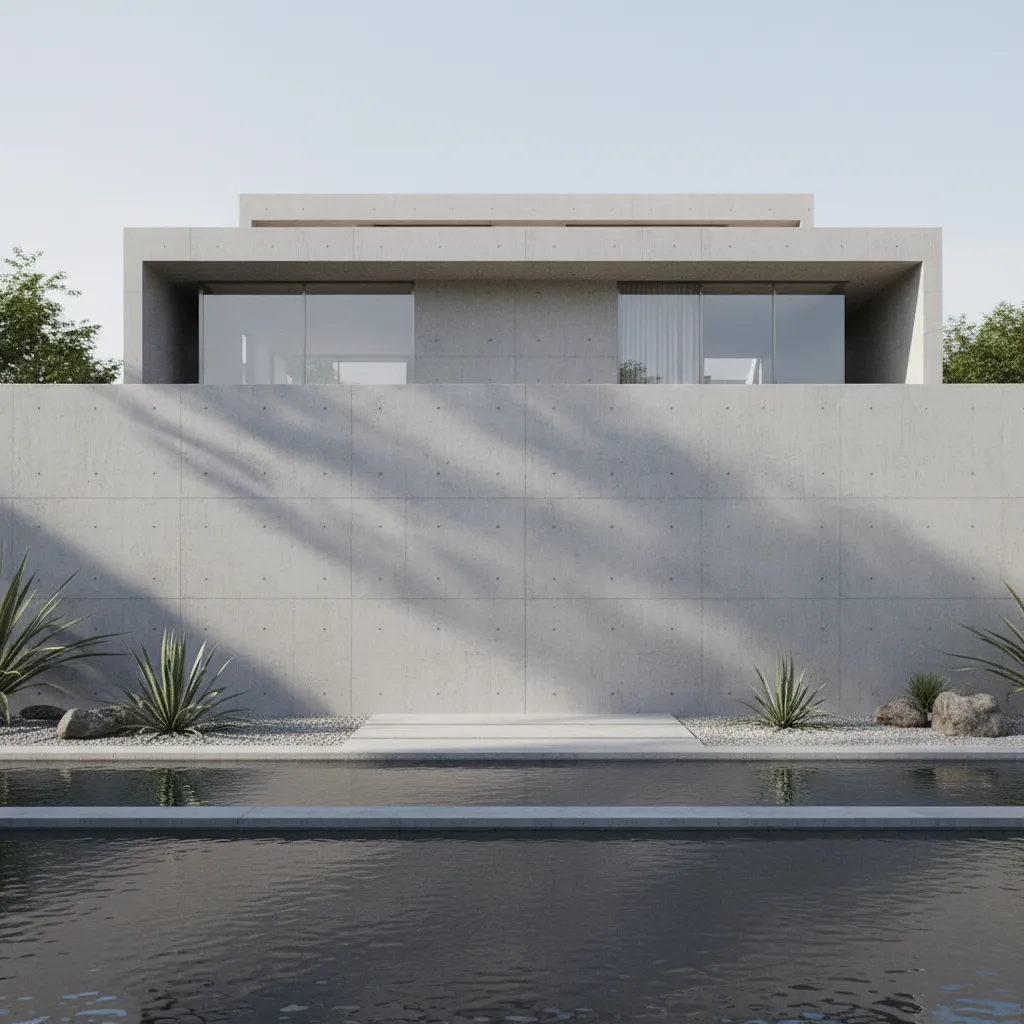modern house exterior with tall concrete compound wall and minimalist landscaping