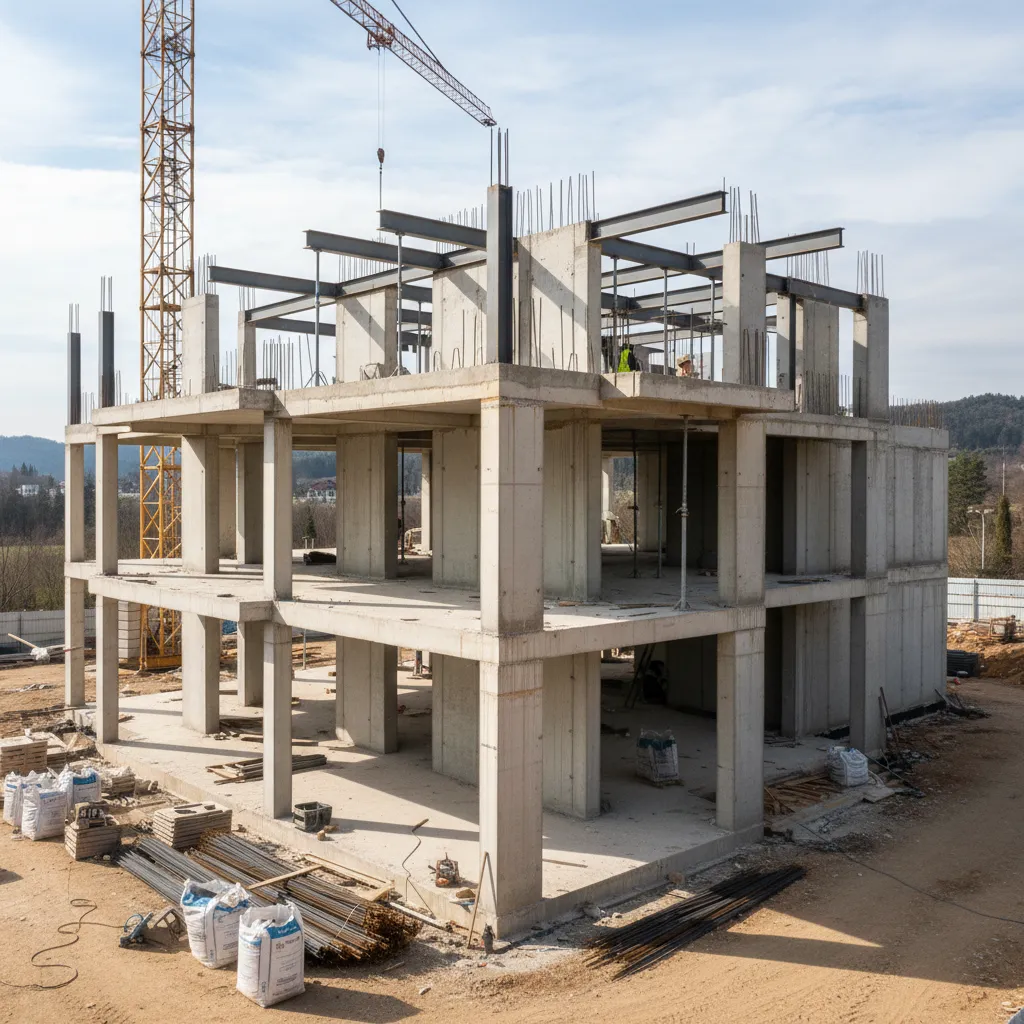 Construcción de una casa moderna durante la fase estructural