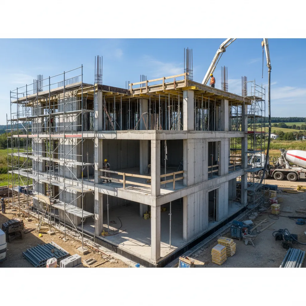 Casa moderna en construcción mostrando estructura y materiales