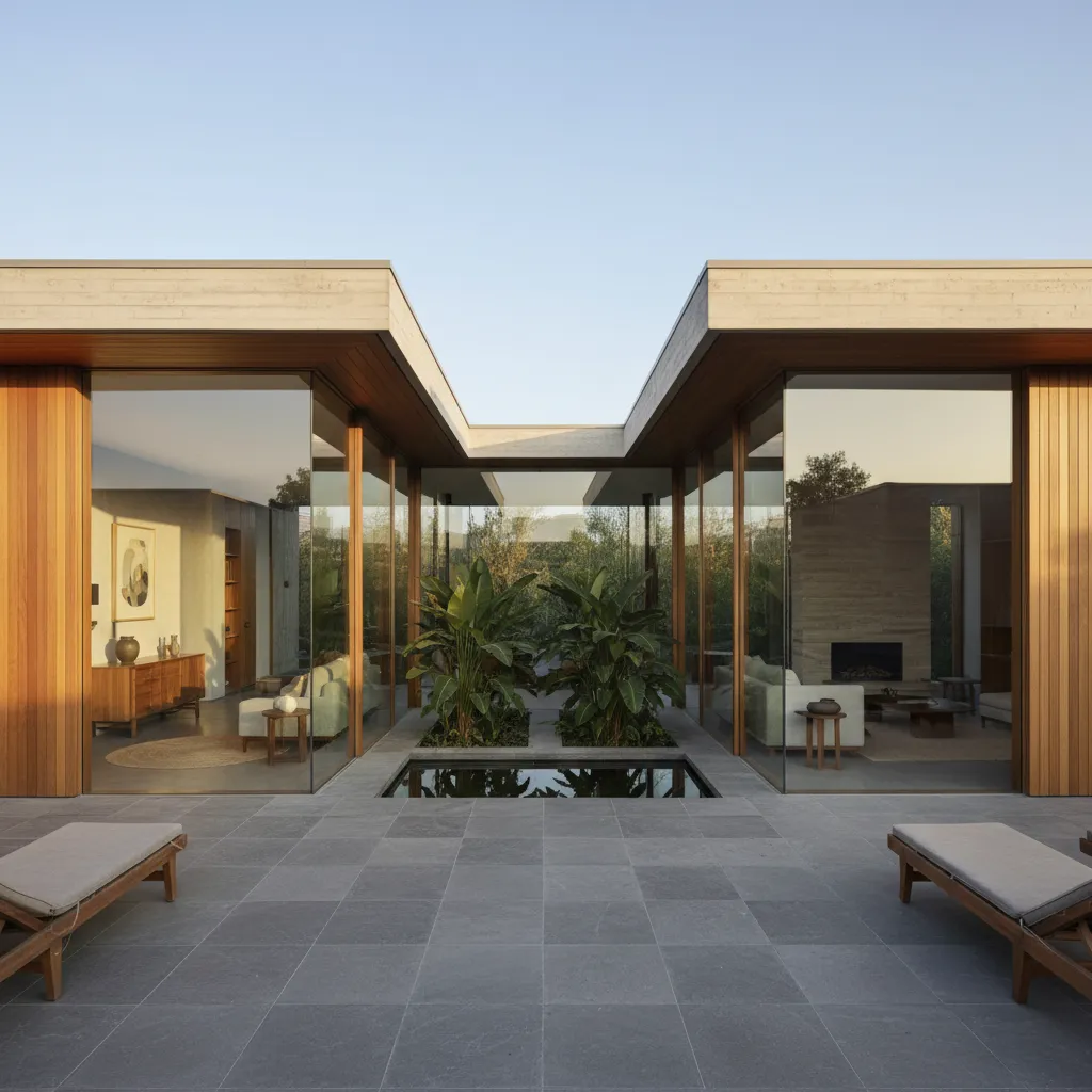 Casa moderna de una planta con patio interior y grandes ventanales