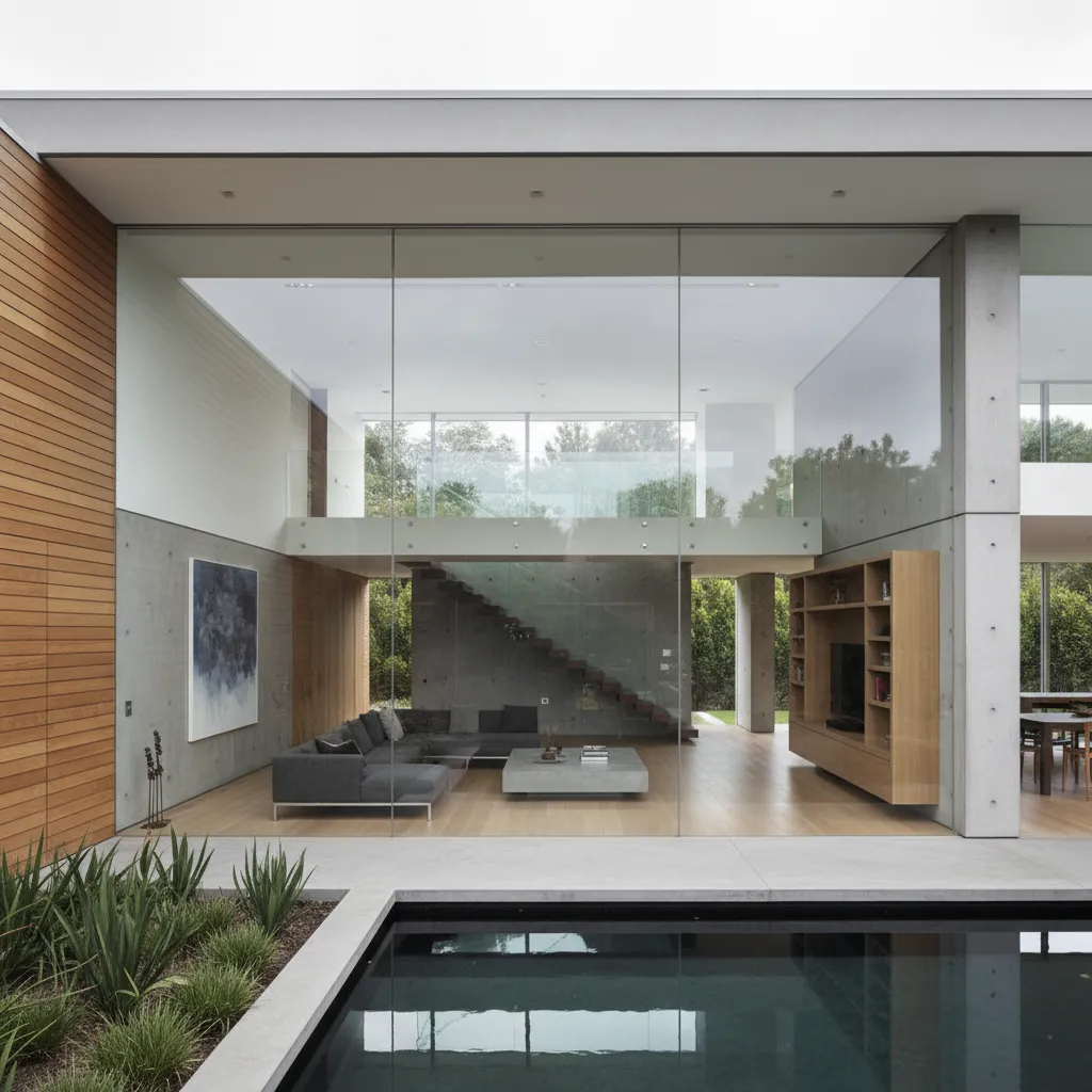 Modern house interior design drawing with pool, large windows, grey sofa, and light wood flooring