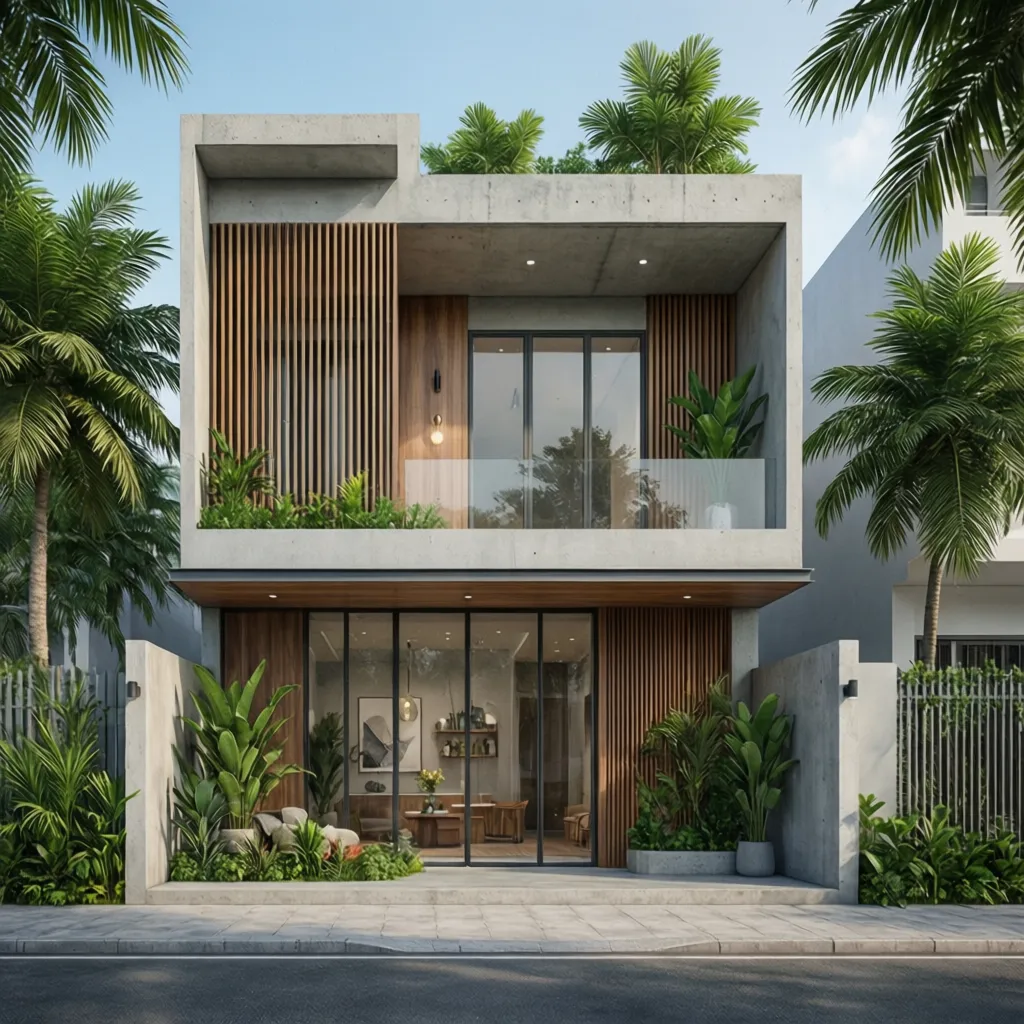 Modern concrete house with wood panel walls glass balcony green plants palm trees and windows