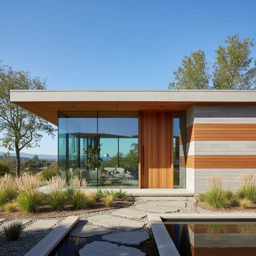 Modern house with glass walls wooden door stone path green grass and clear blue sky