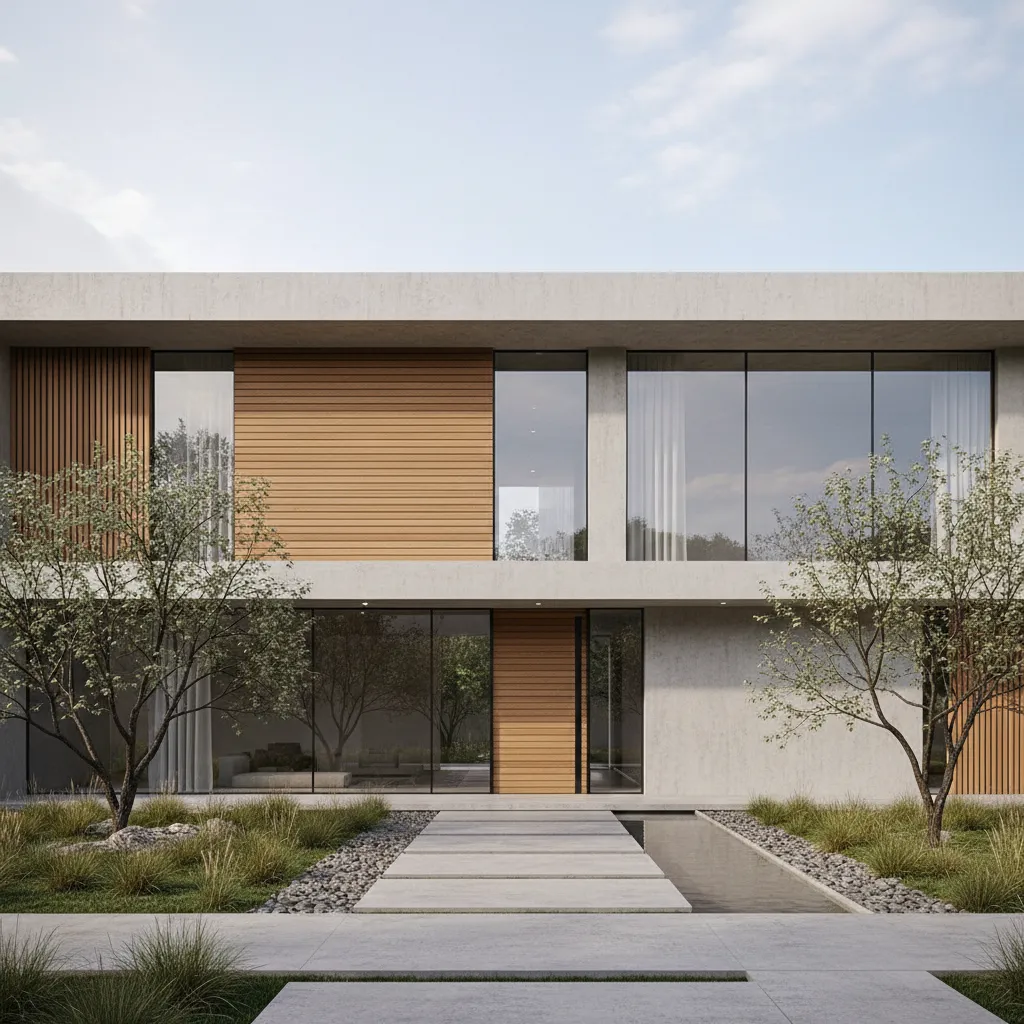 Modern two floor house exterior featuring concrete walls wood panels large windows and front garden