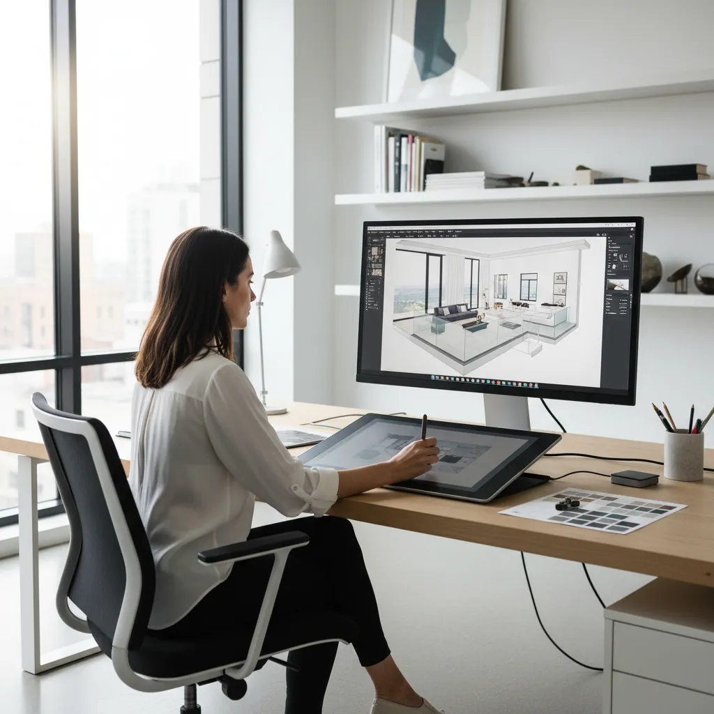 Diseñador revisando planos de casa moderna en ordenador
