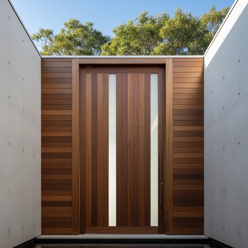 Modern wood front door with vertical glass panels between wood wall panels and grey concrete walls