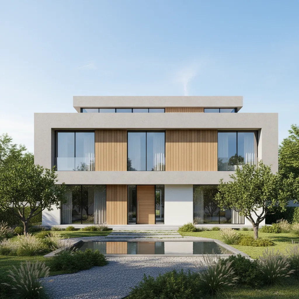 simple modern house elevation with clean roofline and minimal exterior materials