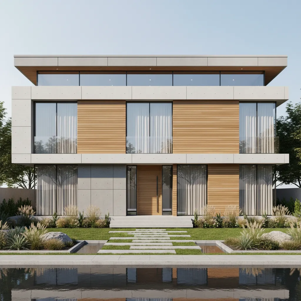 modern house elevation with flat roof and large glass windows