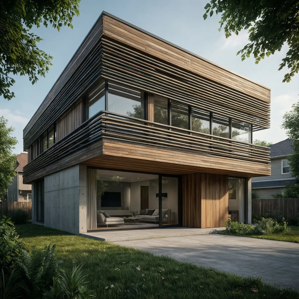Modern home elevation highlighting horizontal windows and materials
