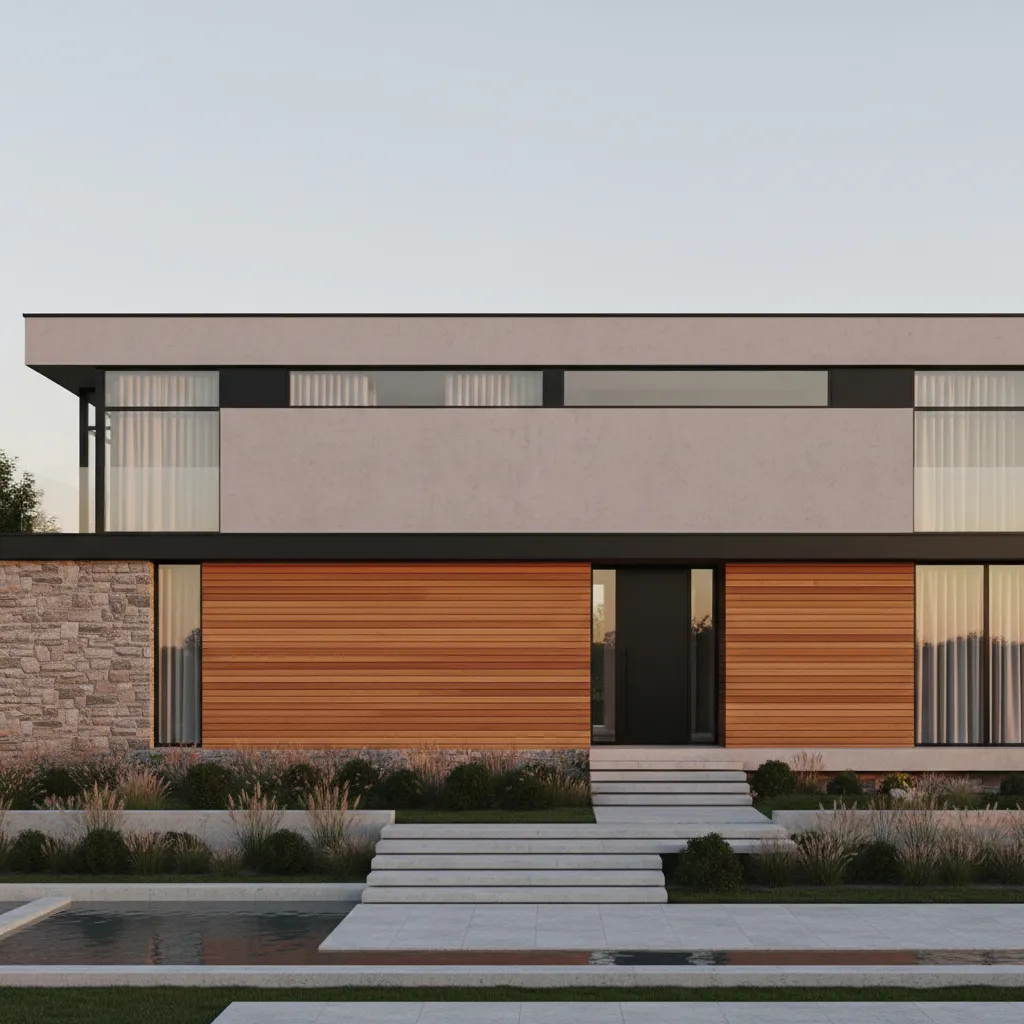 Modern house elevation using layered stone base wood panels and concrete walls