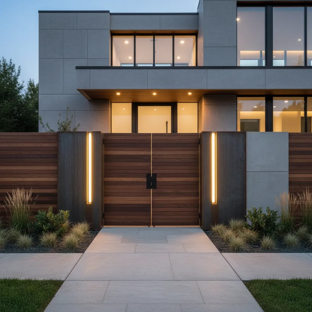 Entrada completa de casa con portón moderno y muro de fachada