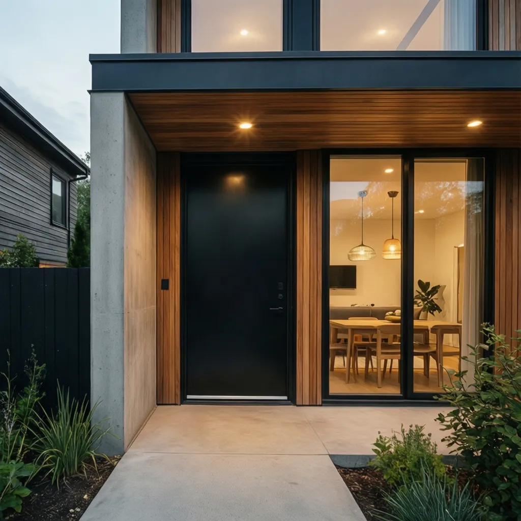 Entrada de casa moderna con puerta metálica integrada en la fachada
