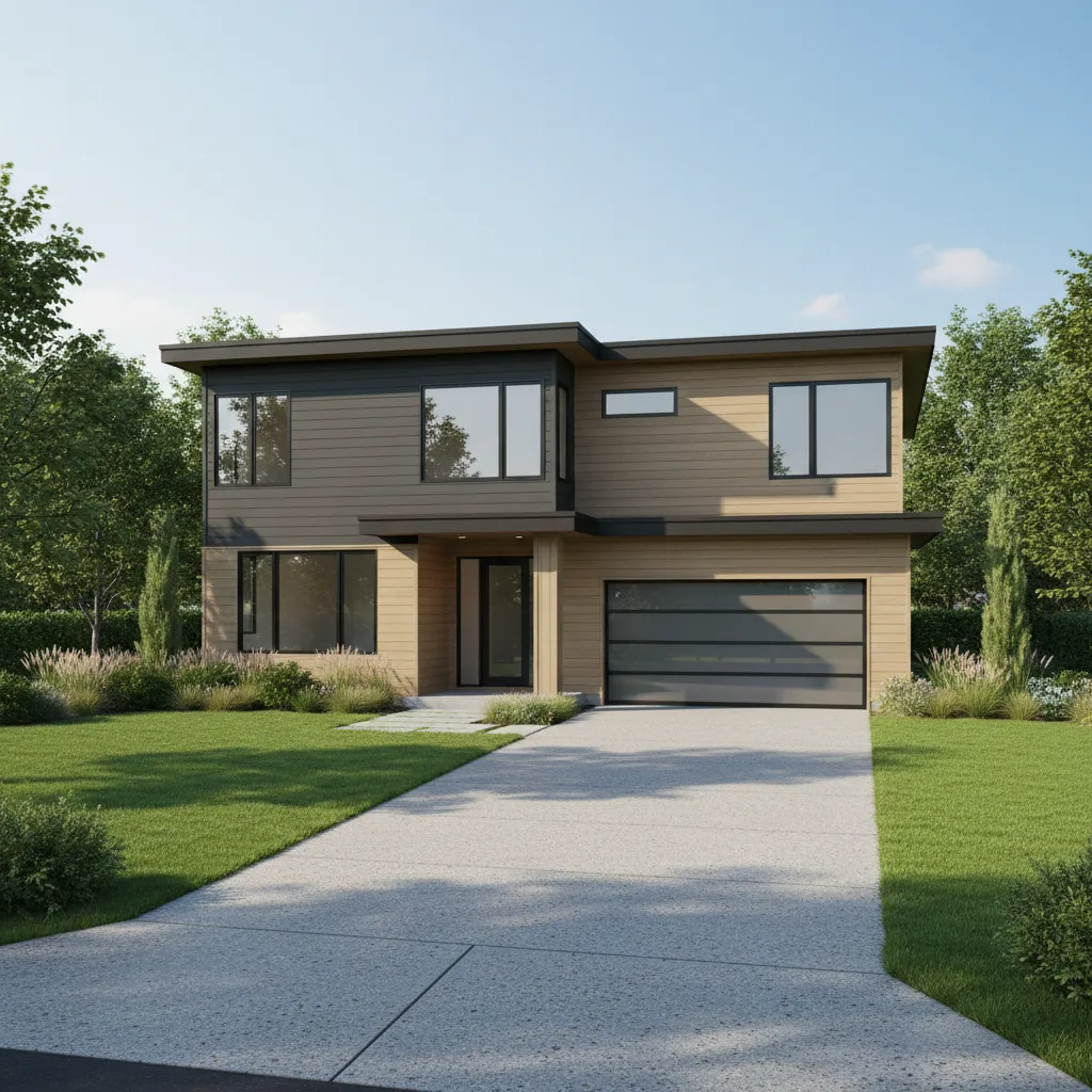 3D rendered modern house exterior with driveway and landscaped yard