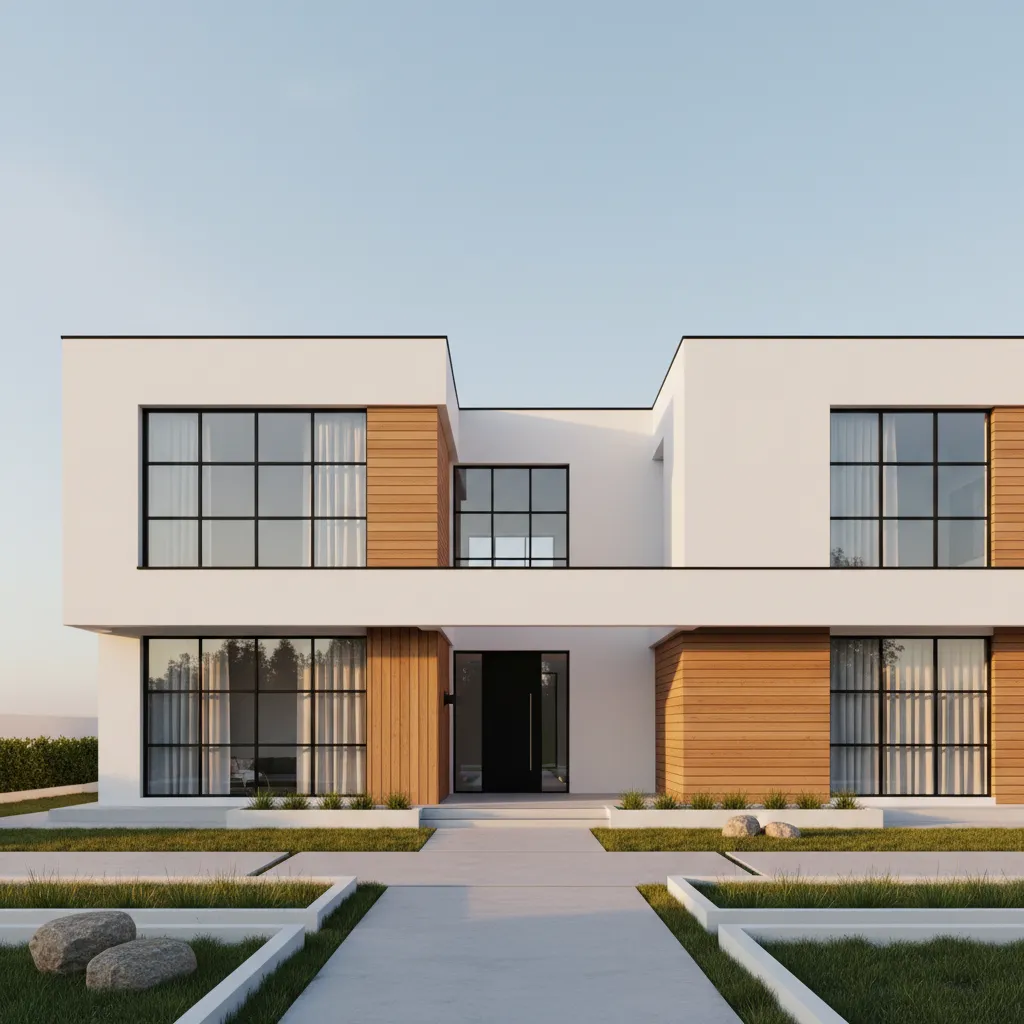 Modern house exterior with white walls black accents and wood cladding