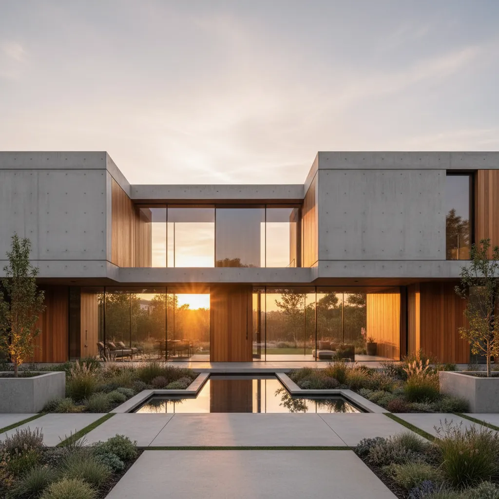 Modern two story house with large glass windows and wood panels reflected in outdoor pool