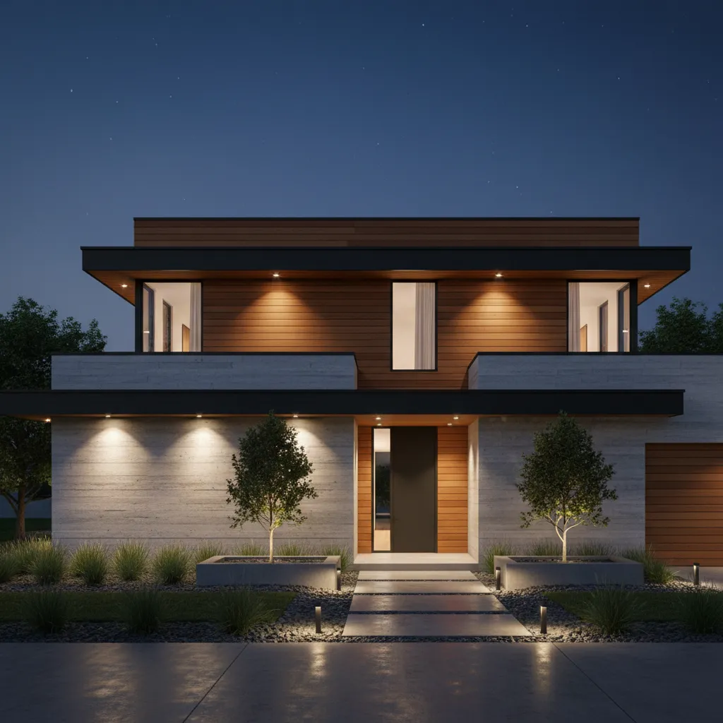 Modern house facade with layered exterior lighting highlighting architectural lines