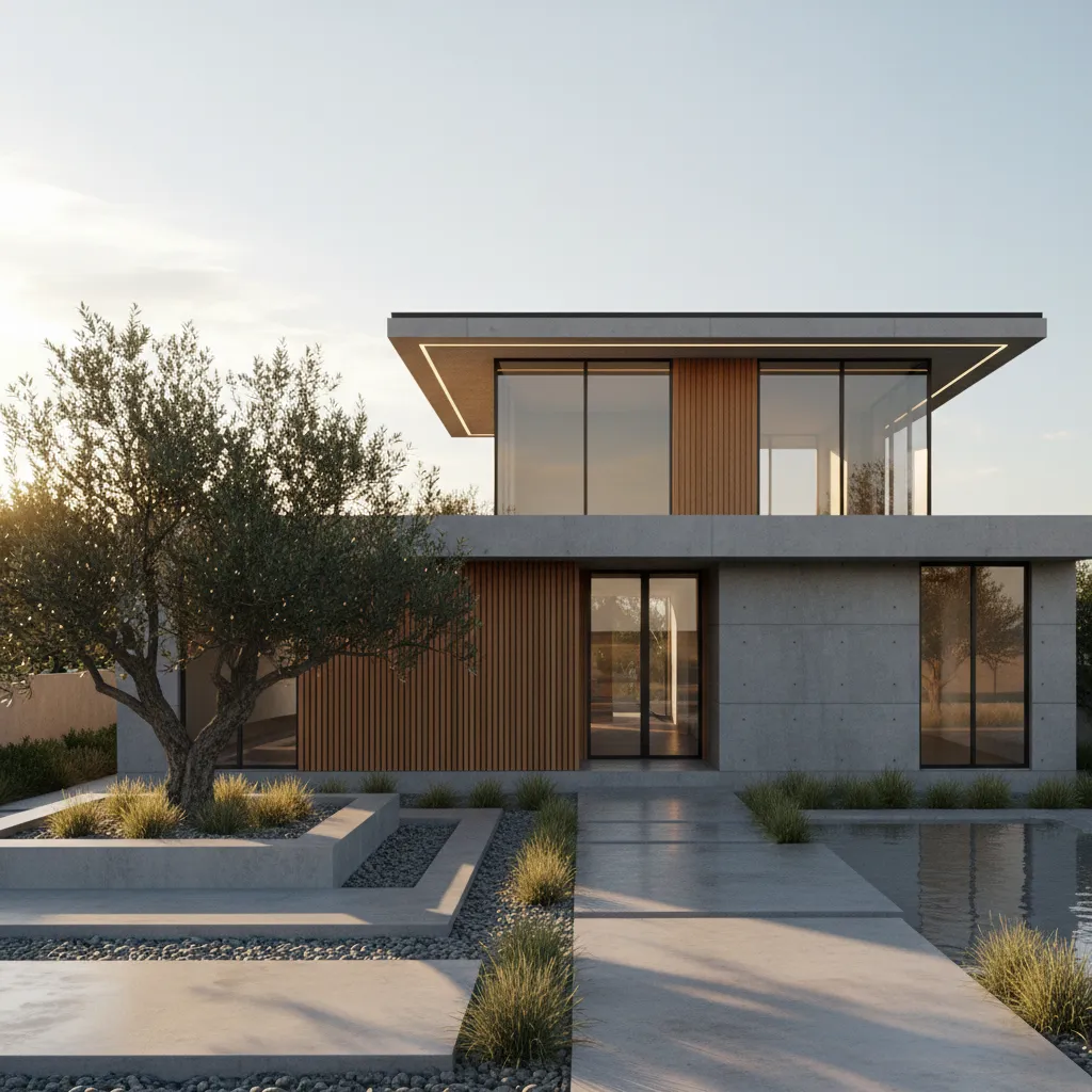 Photorealistic exterior rendering of modern residential house with landscape