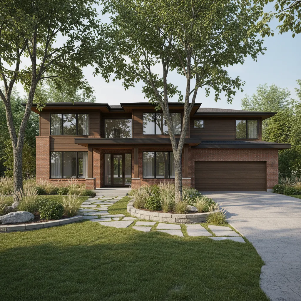 Realistic 3D render of a suburban house exterior with driveway and landscaping