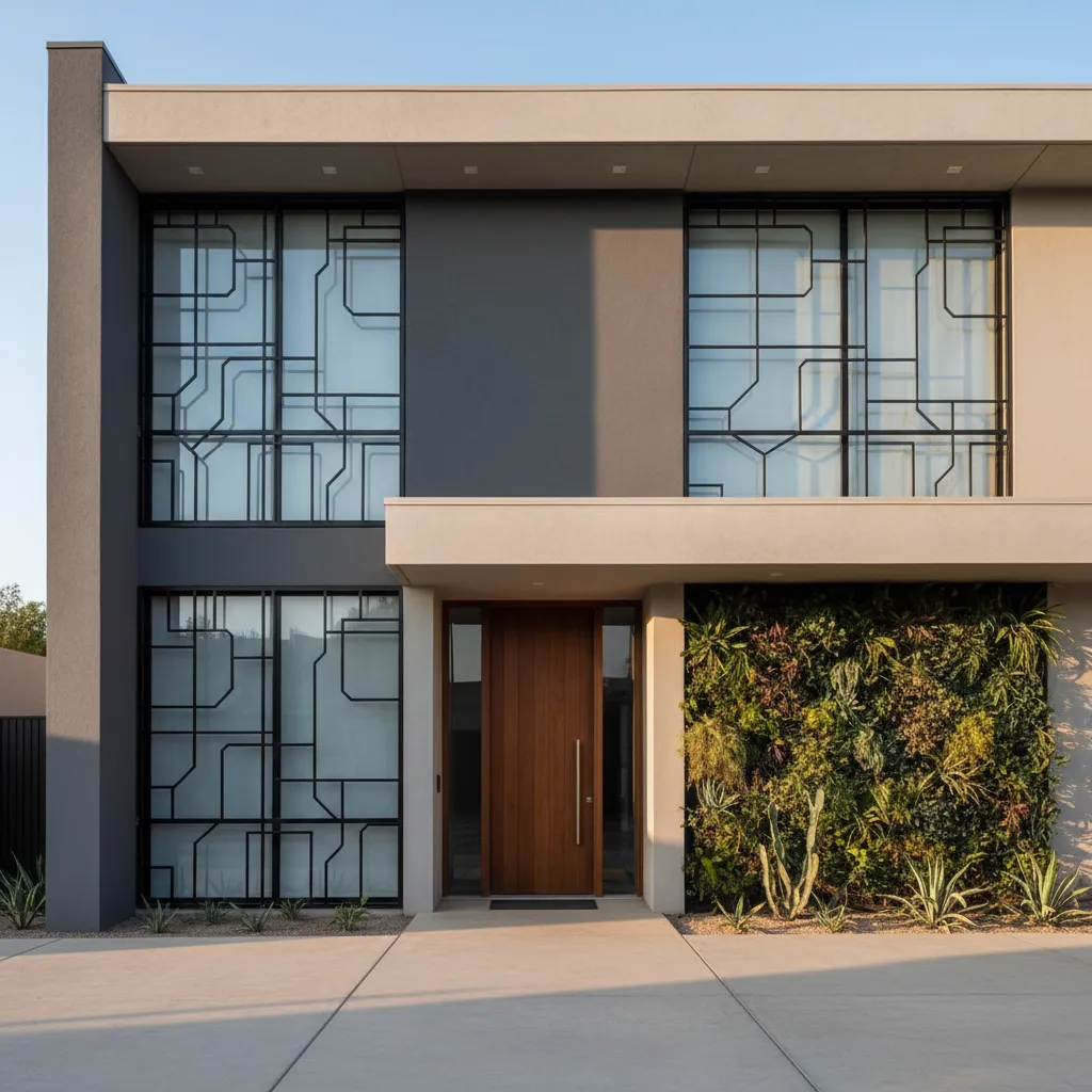 Fachada moderna con rejas integradas al diseño arquitectónico