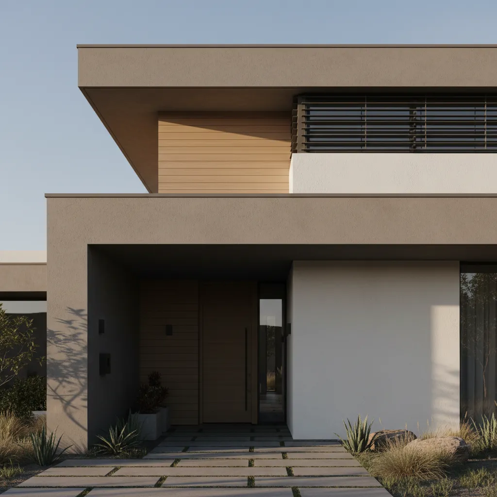 Modern house facade showing depth shadow lines and recessed entry design
