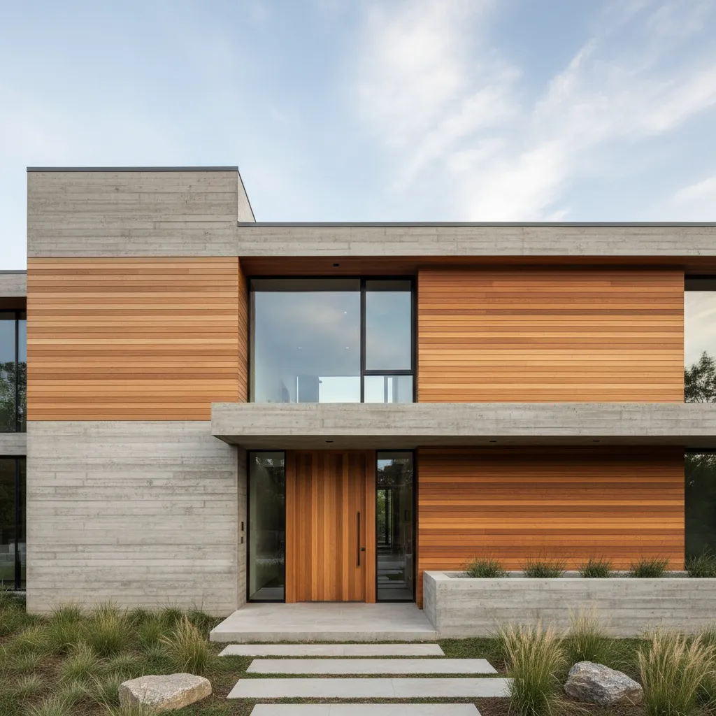 Modern house front featuring orange wood panels, grey concrete walls, large windows, and stone path