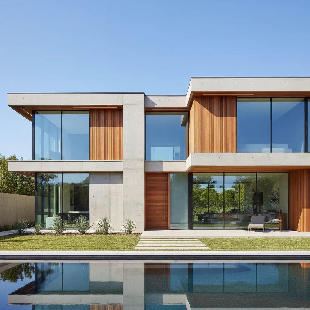 Large modern two story house with wood panels concrete walls large windows and swimming pool