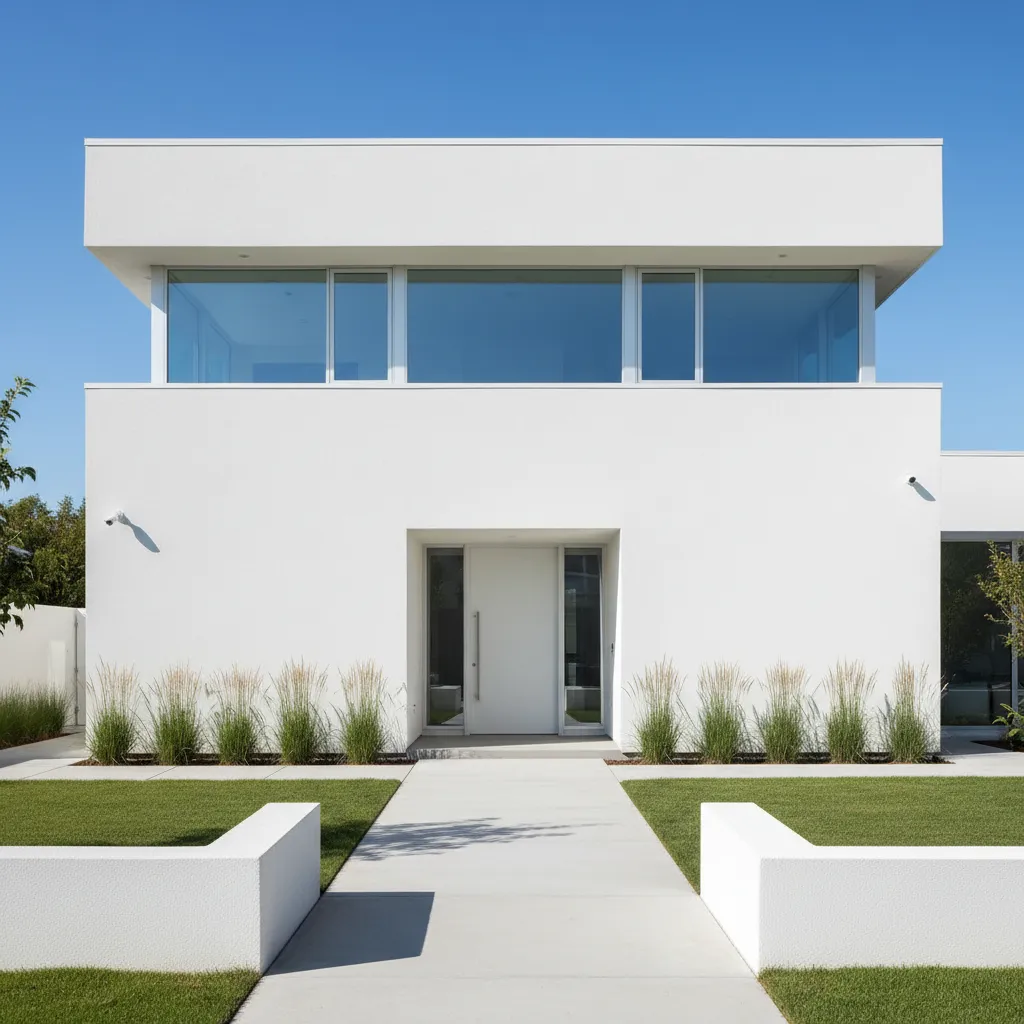 Minimalist modern house facade with flat roof white stucco and large rectangular windows