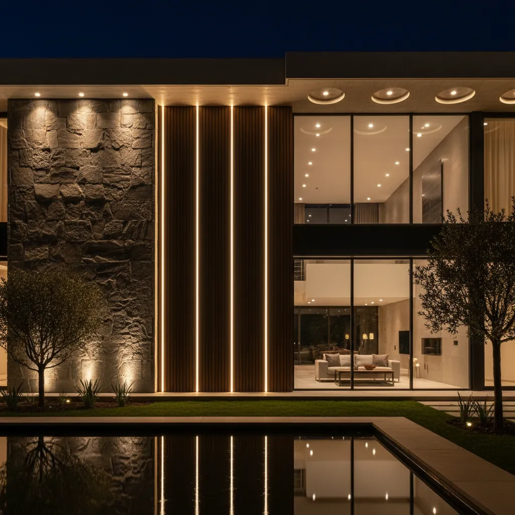 Luxury modern house at night with bright outdoor light fixtures stone walls and glass window view