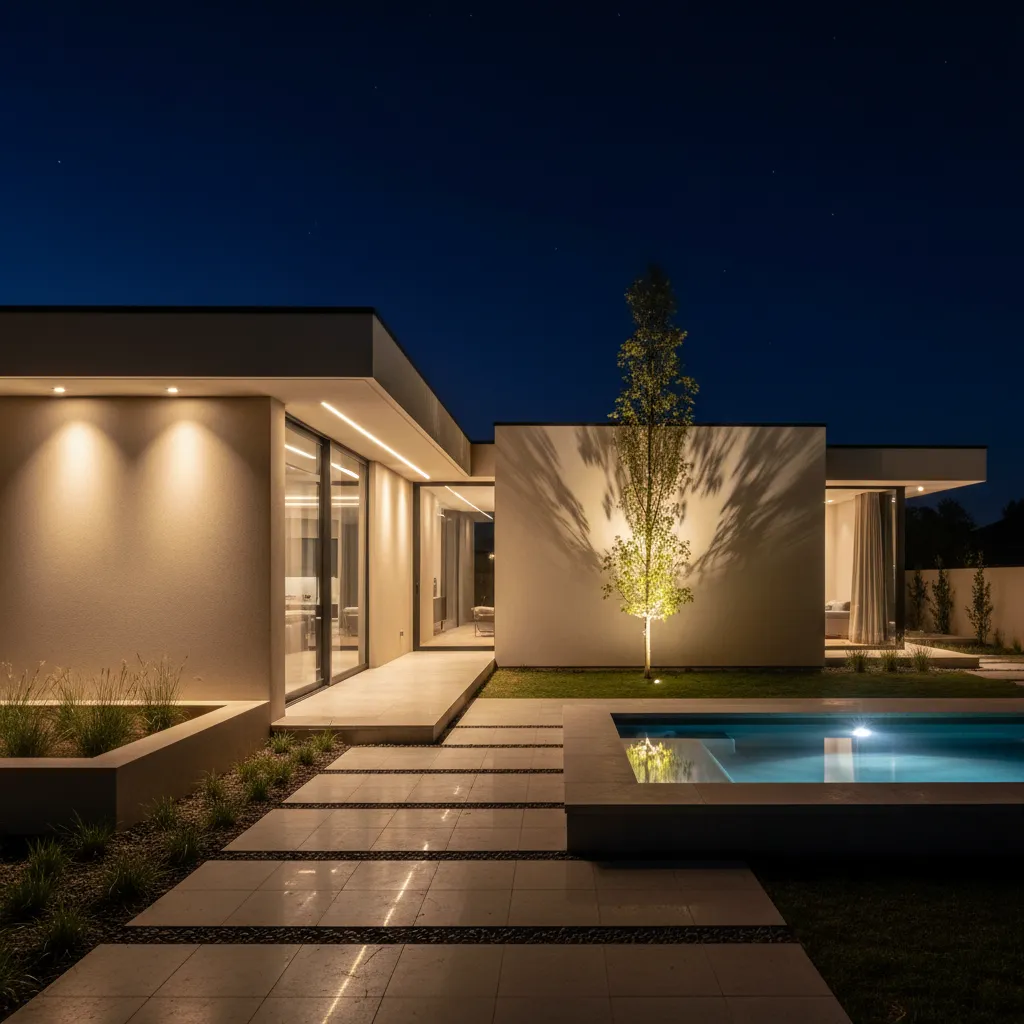 Modern house exterior at night with warm wall lights, a swimming pool, and stone tiles
