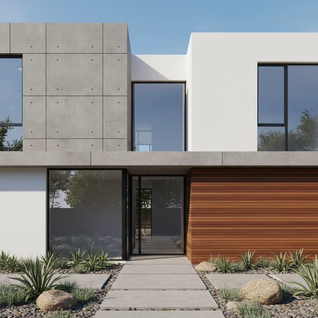 Modern house facade combining concrete, wood, and plaster wall textures