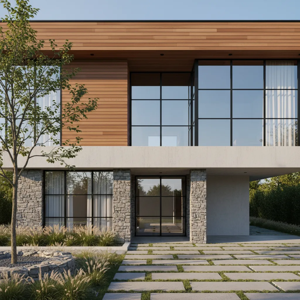 modern house facade with mixed materials wood stone and concrete