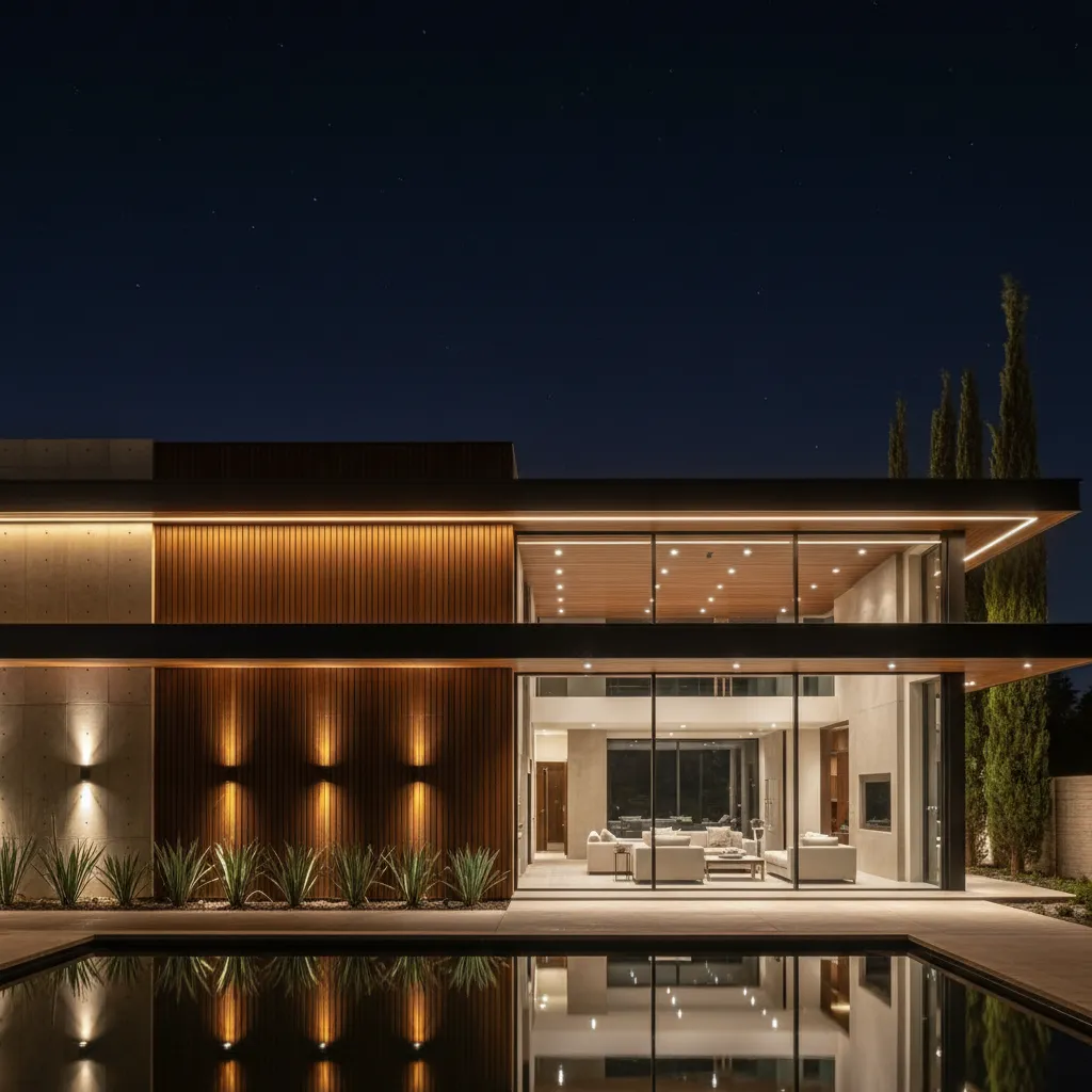 Fachada de casa moderna iluminada por la noche