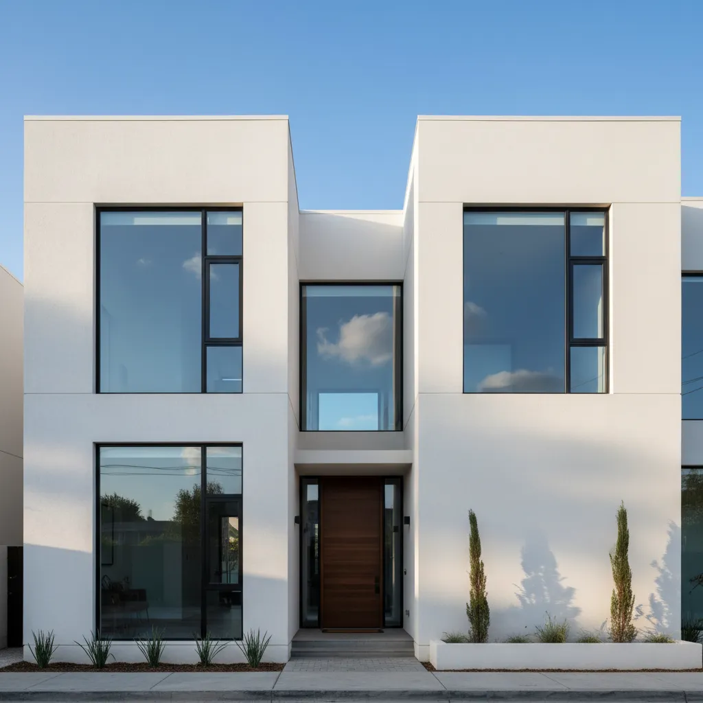 Fachada moderna con grandes ventanas rectangulares