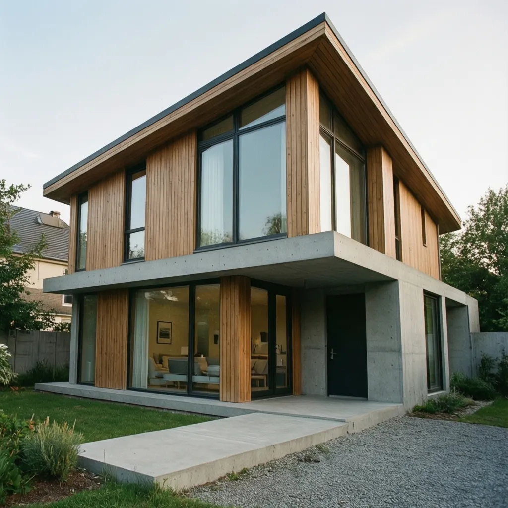Fachada moderna con madera y hormigón en casa de dos pisos