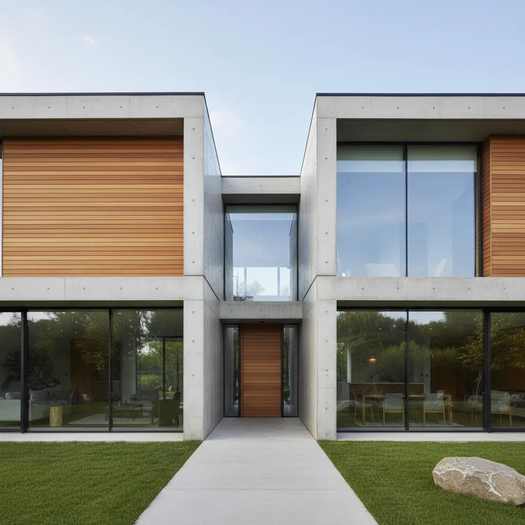Fachada de casa moderna con hormigón visto, madera y grandes ventanales