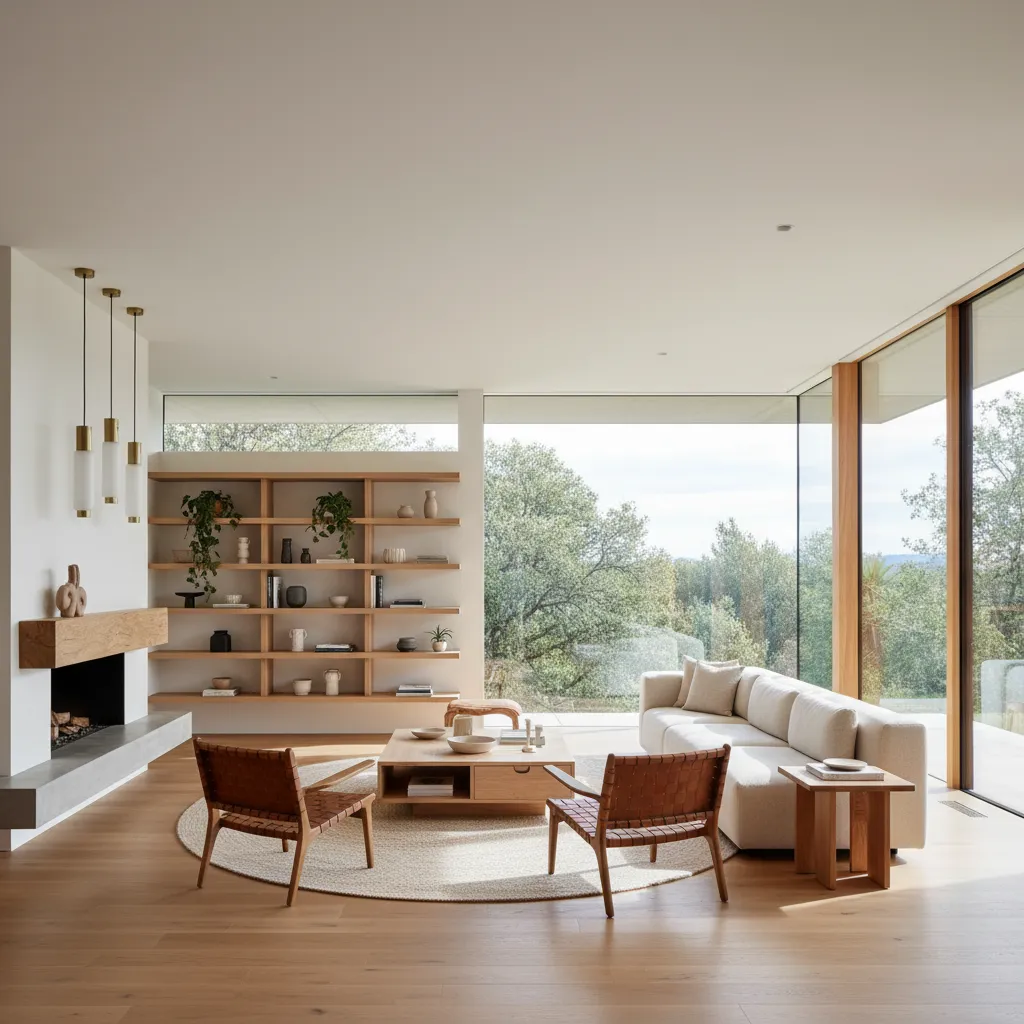 Casa moderna luminosa con sala abierta y decoración minimalista estilo editorial