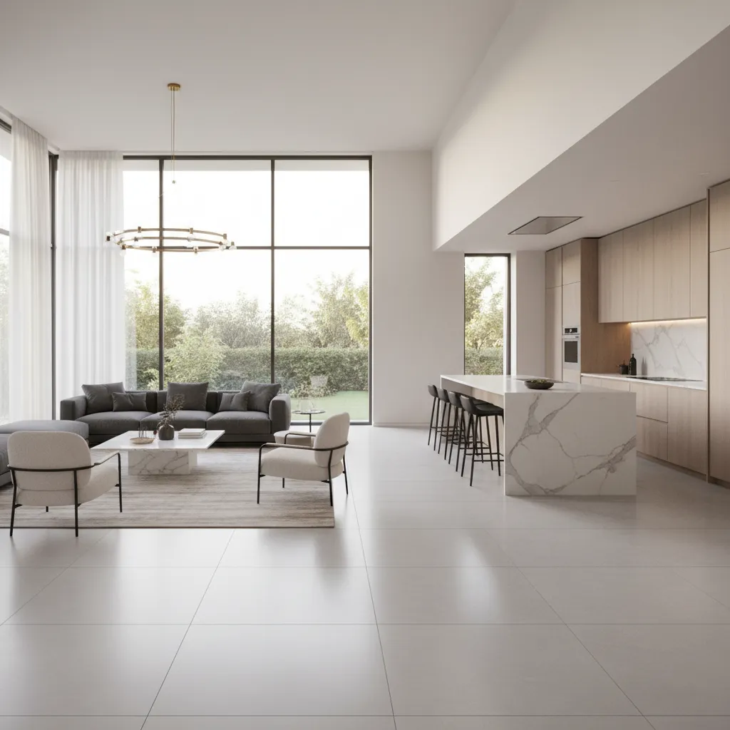 Modern open plan living room with grey sofa marble kitchen island windows and ceiling light