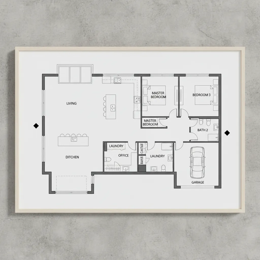 Interior design drawing showing house floor plan with kitchen living room bedrooms laundry and garage