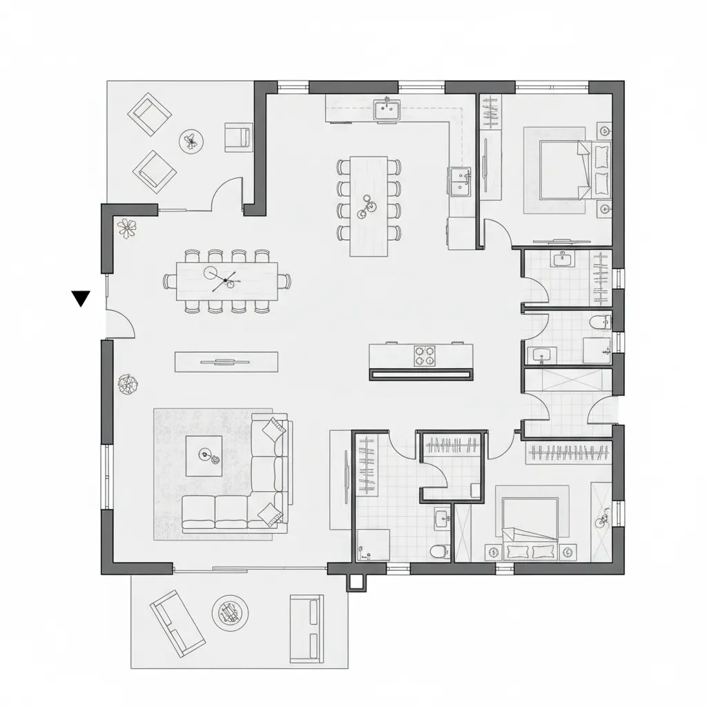 Plano arquitectónico de una casa moderna con espacios abiertos